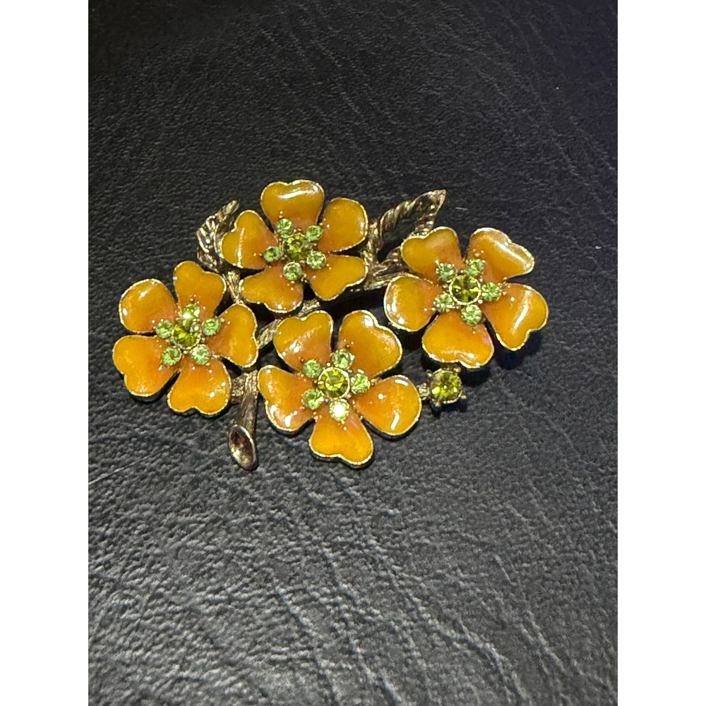 Floral Brooch Women Yellow Enamel‎ Green Rhinestone Floral Cluster Unbranded